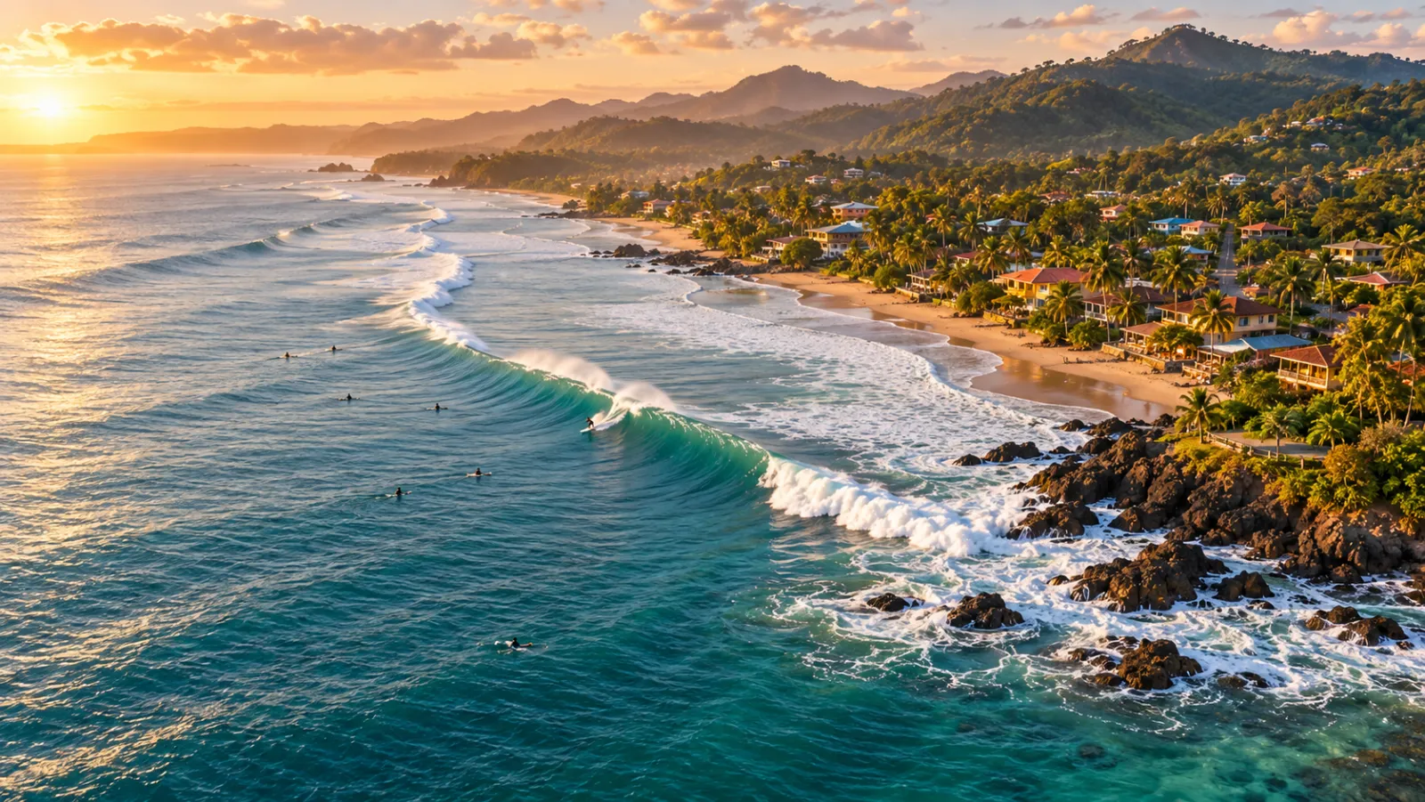Aerial view of a surf town with a point break and beachfront homes at sunset