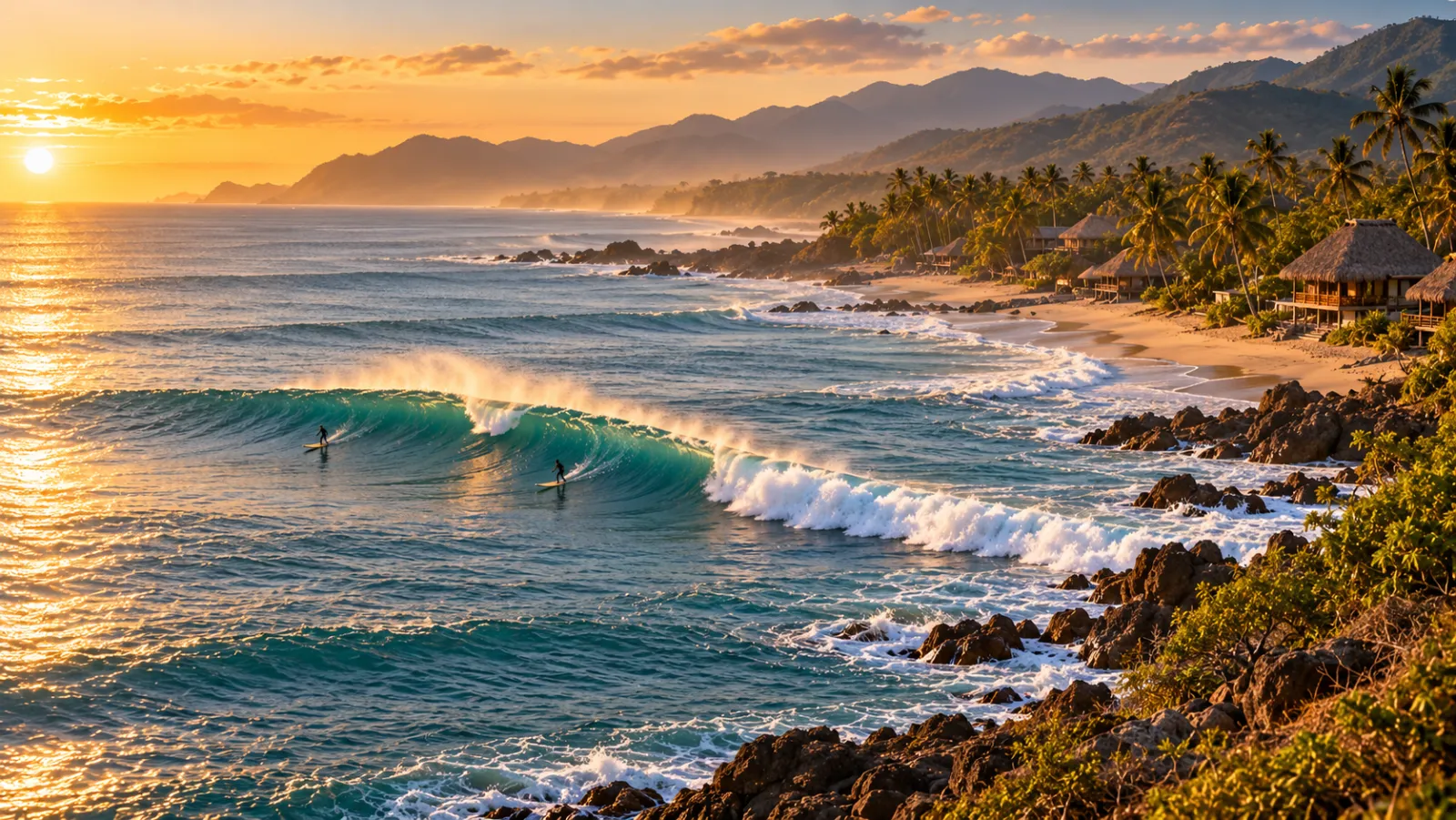 Longboarder on the left point at La Saladita, Guerrero, with surf bungalows behind the beach