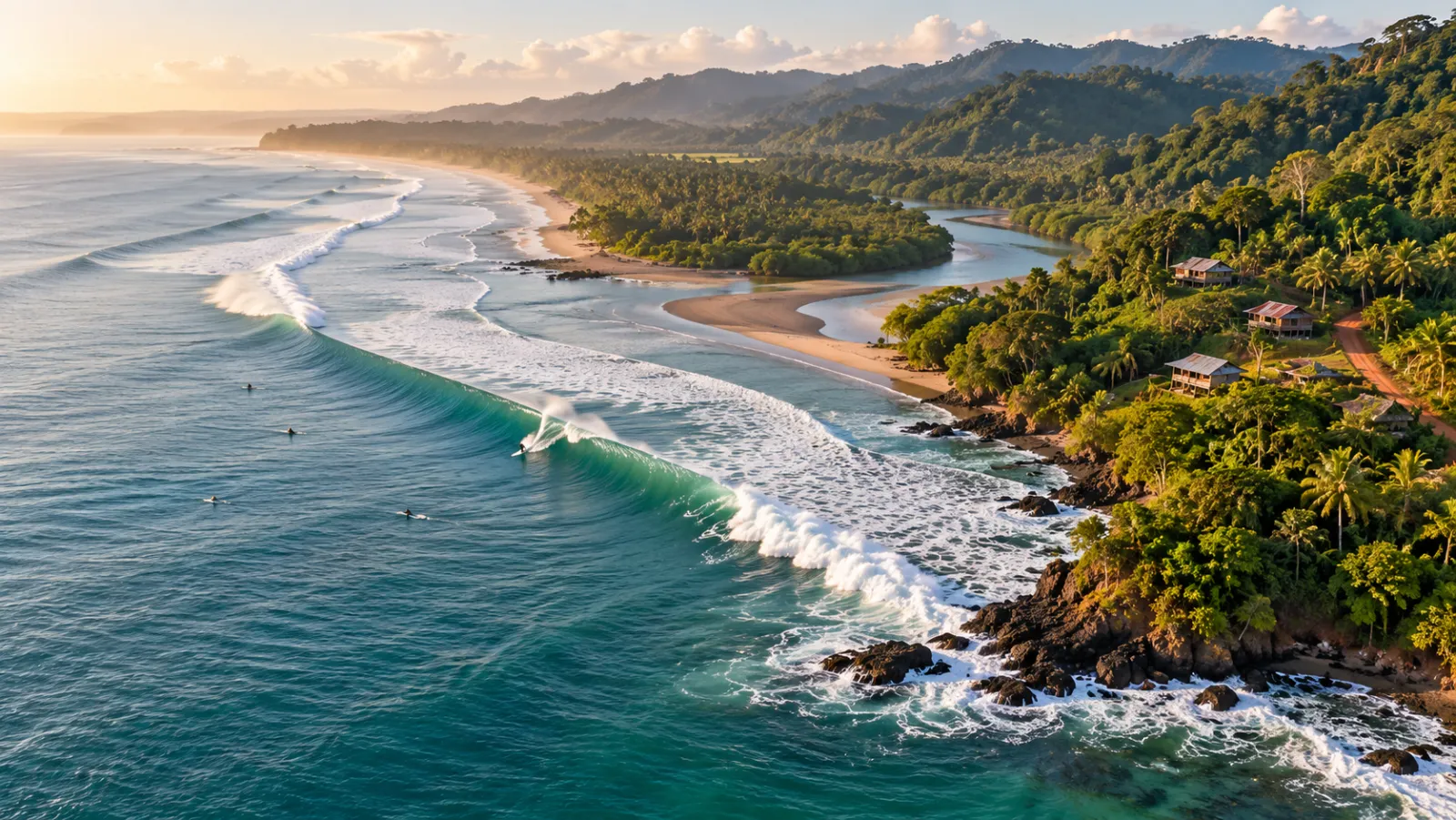 The left point break at Pavones, Costa Rica, with rainforest and hillside homes above the Golfo Dulce shoreline