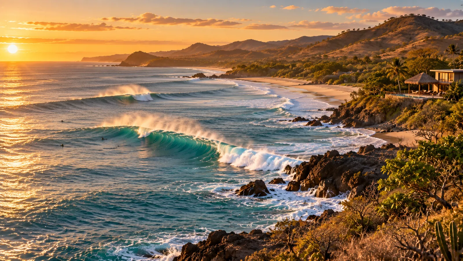 Offshore waves at the Popoyo reef with surf houses along Guasacate beach on Nicaragua's Emerald Coast