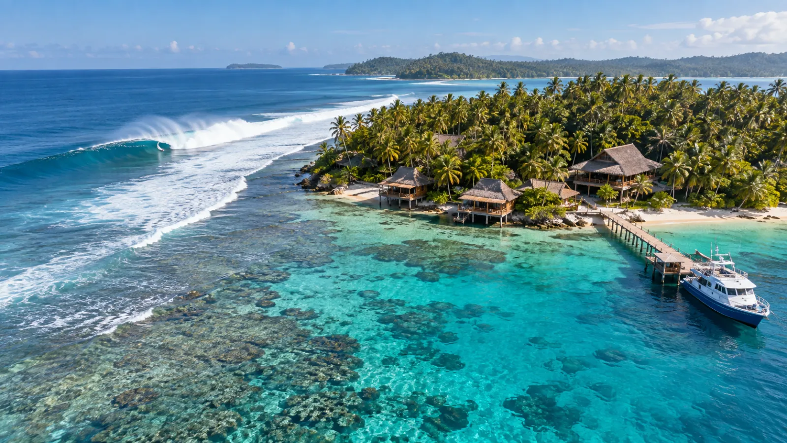 Aerial view of a small island surf resort with a boat in the lagoon and a reef break offshore