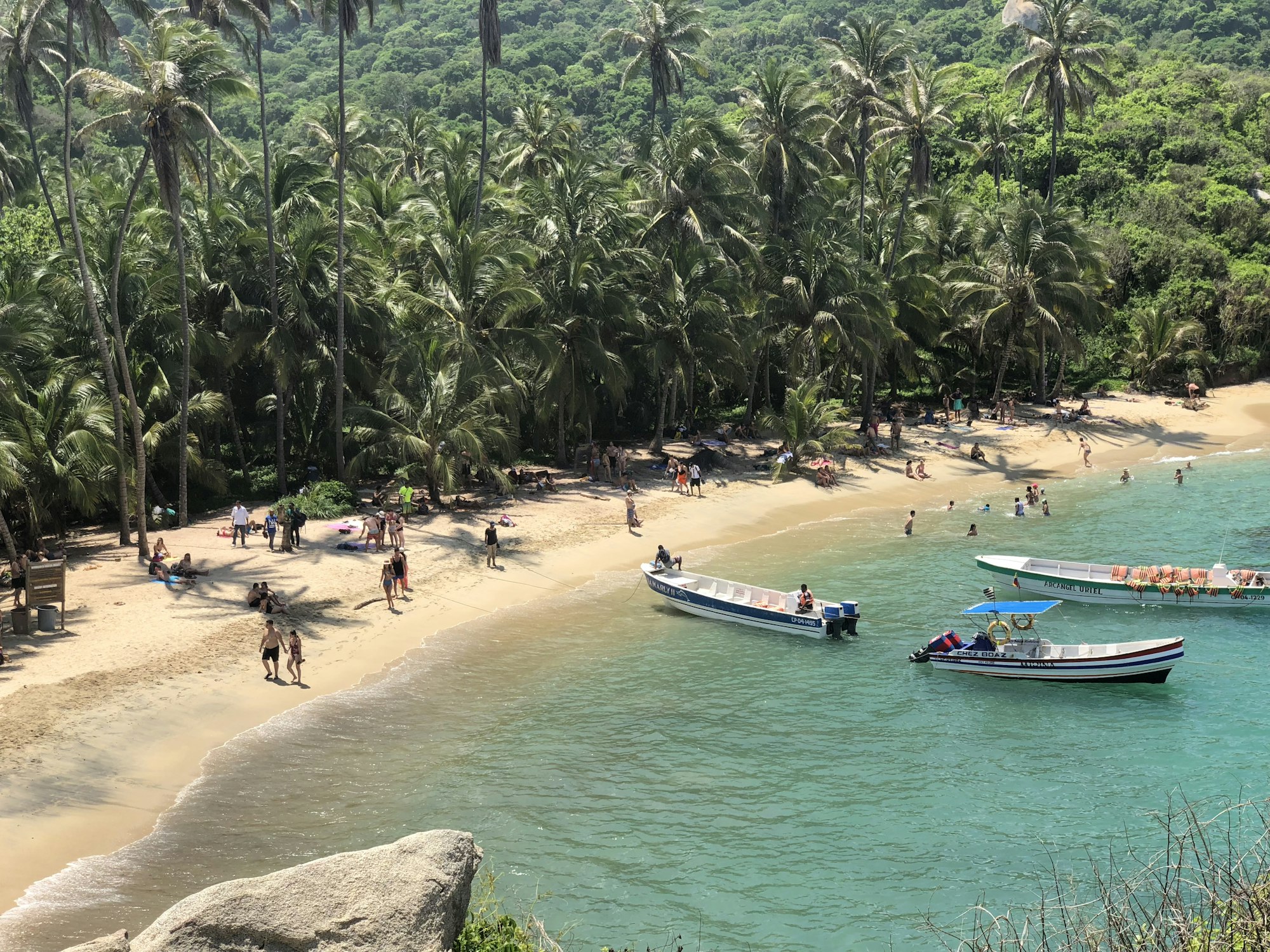 Palm-lined beach and boats at Cabo San Juan, Tayrona National Park, Colombia